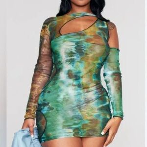 PrettyLittleThing | SHAPE GREEN PRINTED MESH ASYMMETRIC MULTI CUT OUT BODYCON